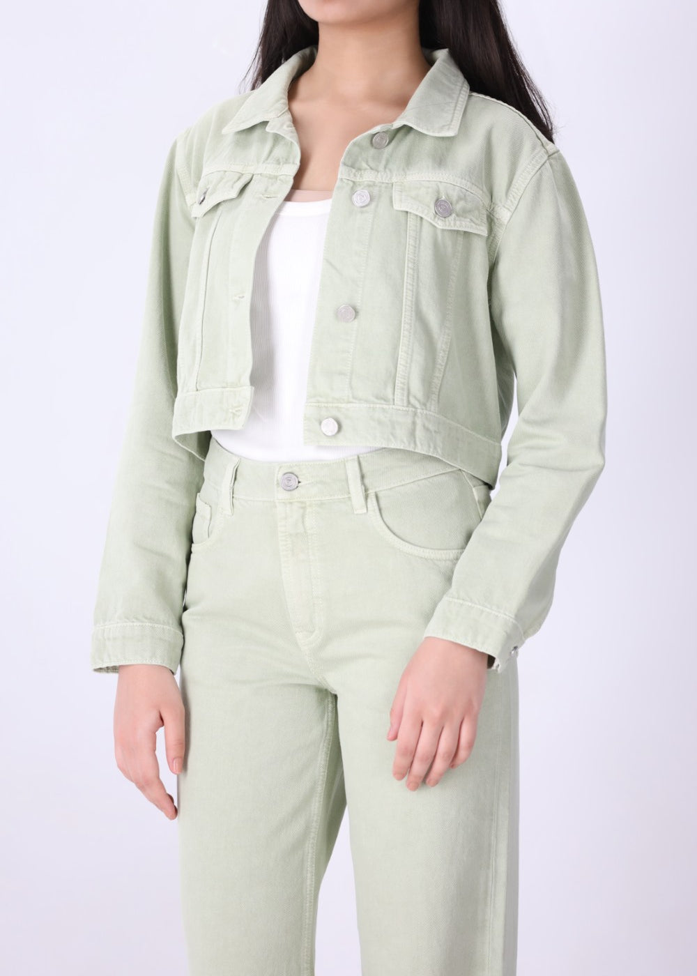Green speckled denim crop jacket, front view
