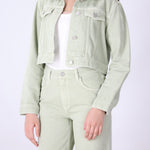 Green speckled denim crop jacket, front view

