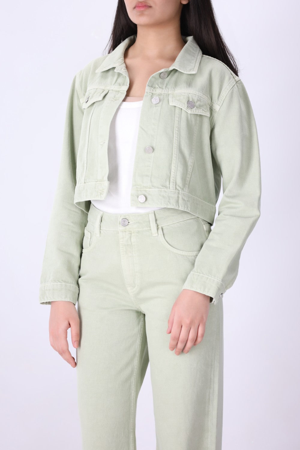 Green speckled denim crop jacket, front view
