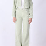 Green speckled denim crop jacket, front view
