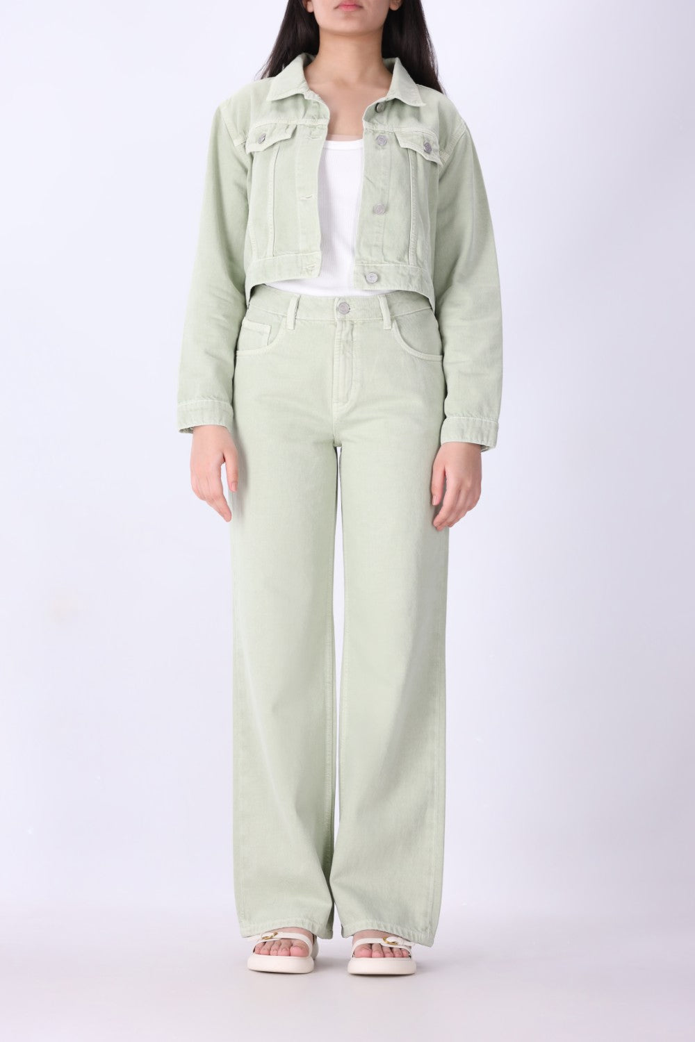 Green speckled denim crop jacket, front view
