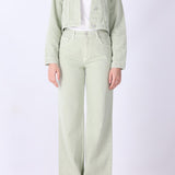 Green speckled denim crop jacket, front view
