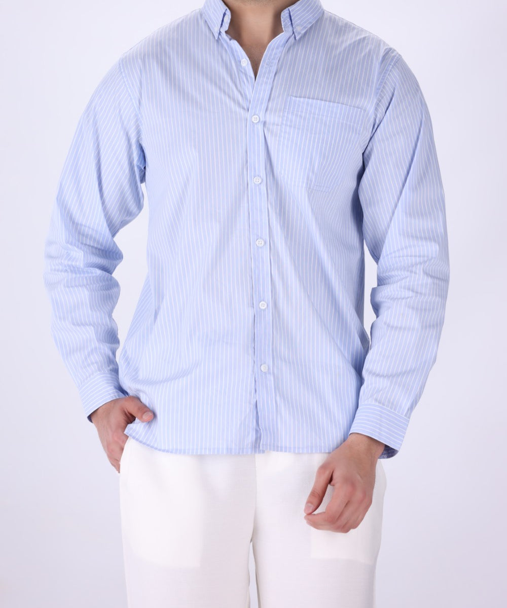 Light blue striped button-down shirt for men, front view
