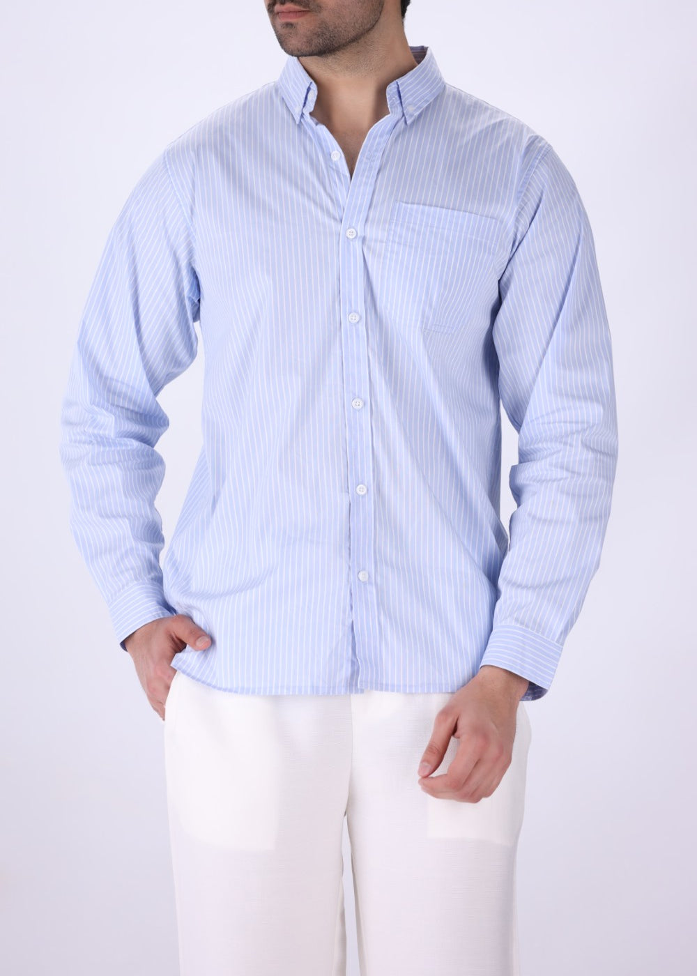 Light blue striped button-down shirt for men, front view
