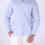 Light blue striped button-down shirt for men, front view
