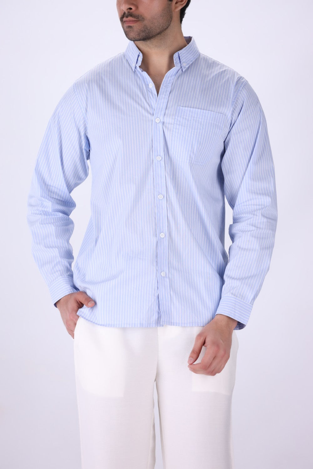 Light blue striped button-down shirt for men, front view
