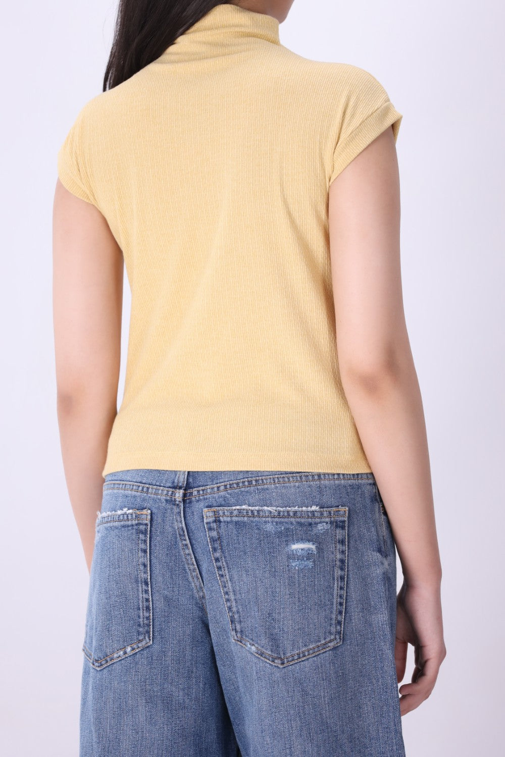 Ribbed high-neck knit vest in latte, front view