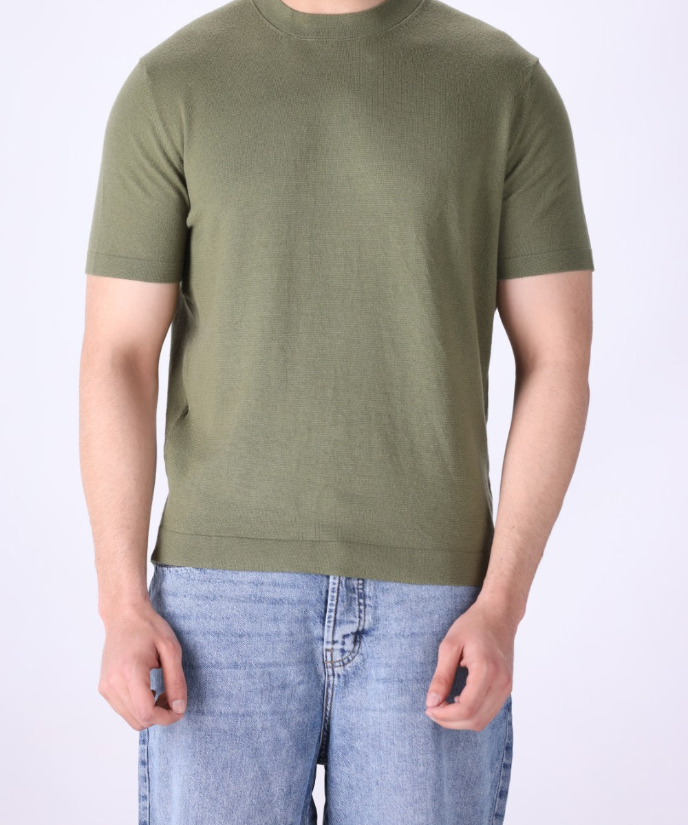 Sage green knitted t-shirt for men, front view
