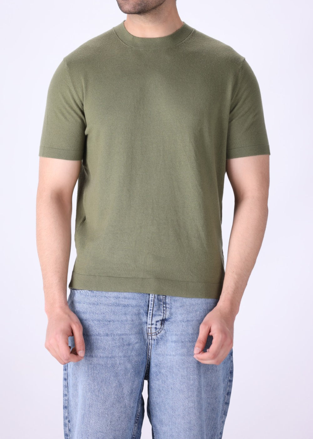 Sage green knitted t-shirt for men, front view

