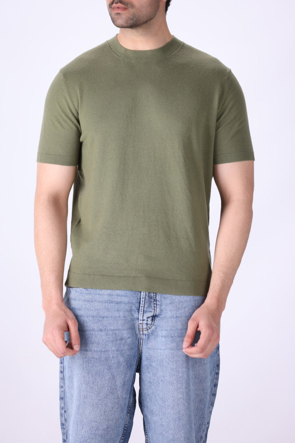 Sage green knitted t-shirt for men, front view
