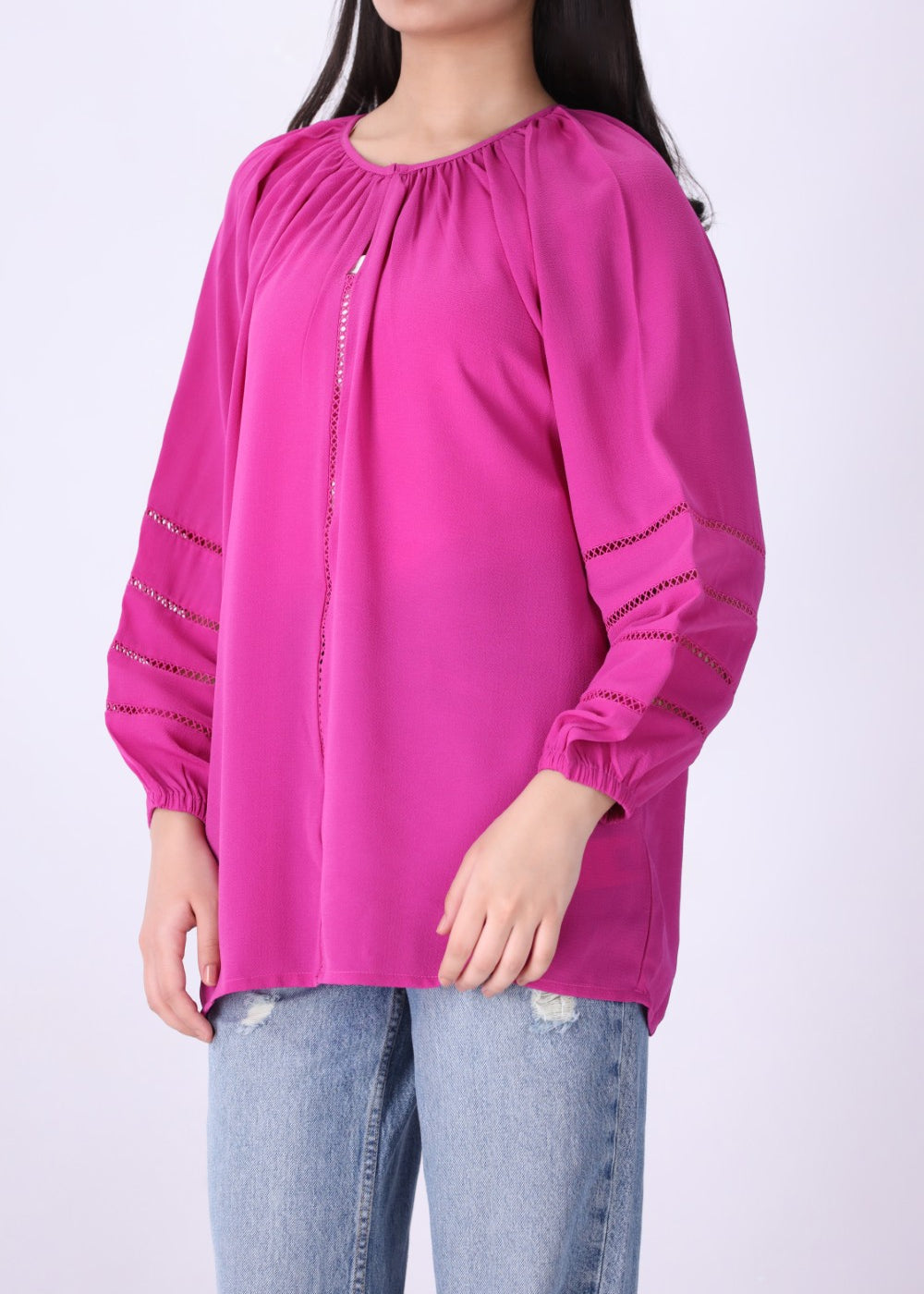 Side view of ladder-stitch blouse