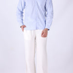 Side view of light blue striped shirt
