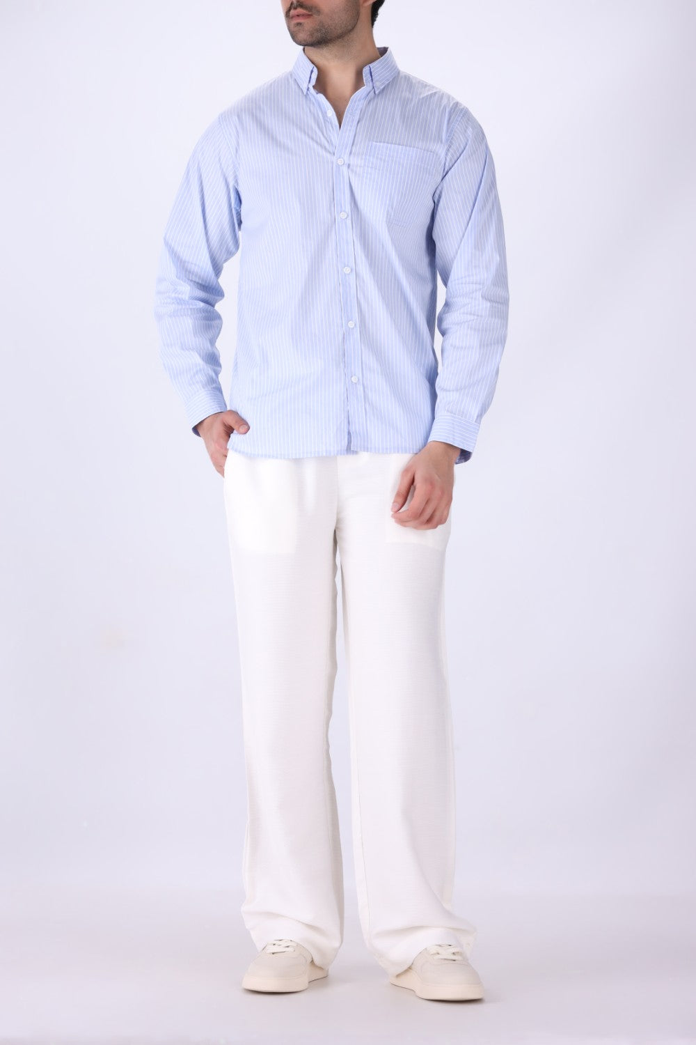 Side view of light blue striped shirt
