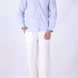 Side view of light blue striped shirt
