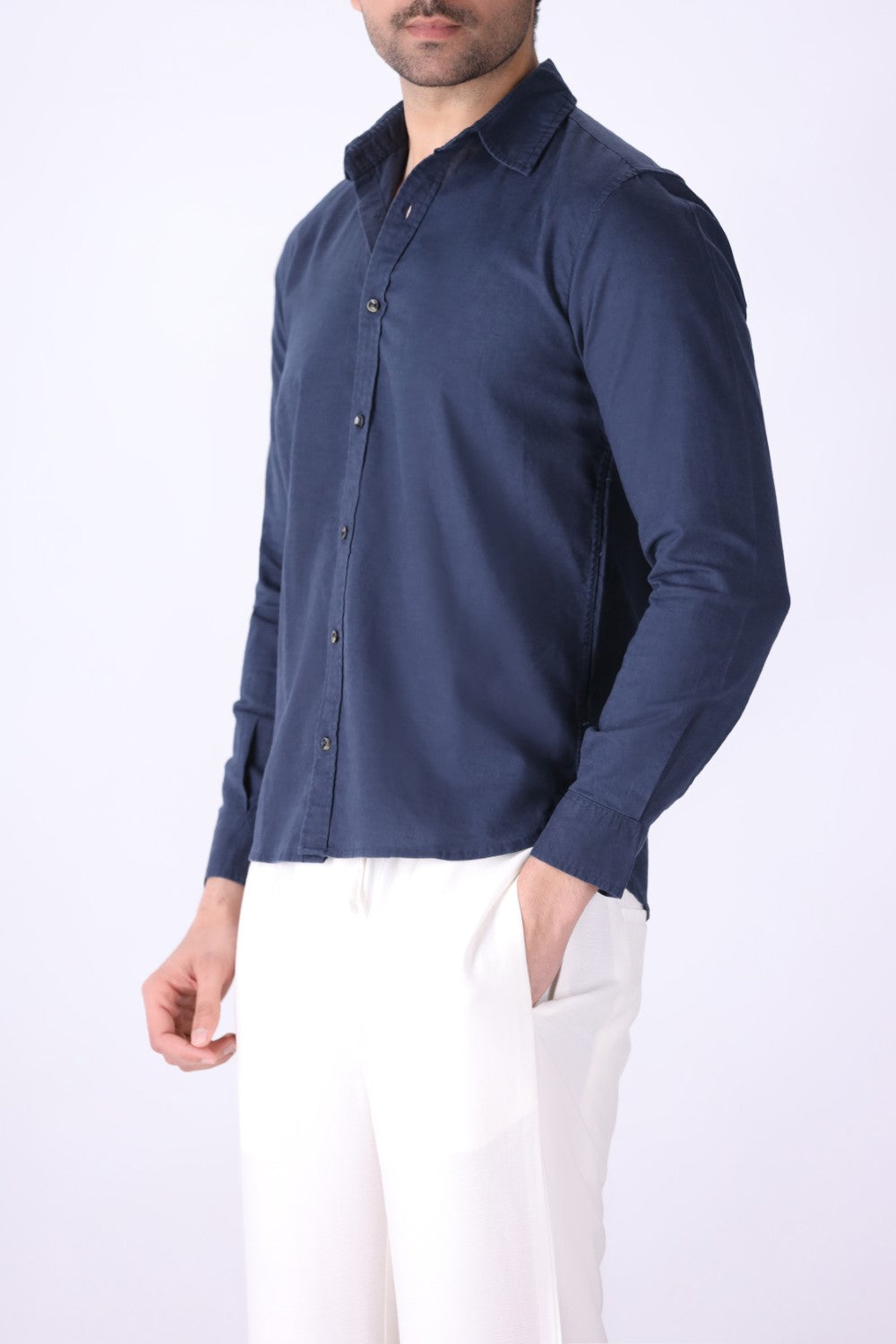 Side view of regular fit blue shirt
