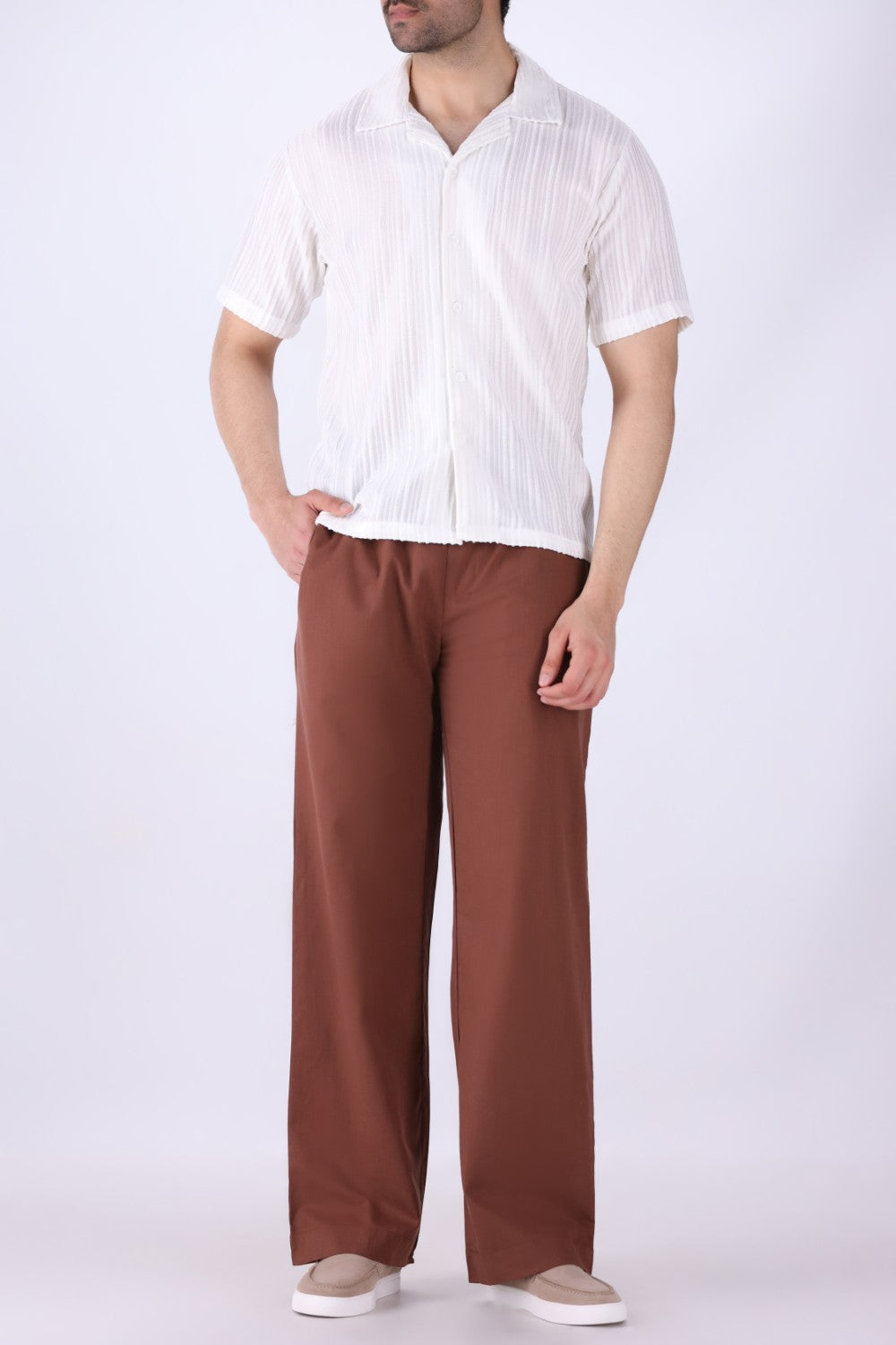 Side view of relaxed fit resort shirt
