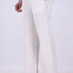 Side view of relaxed straight leg trousers