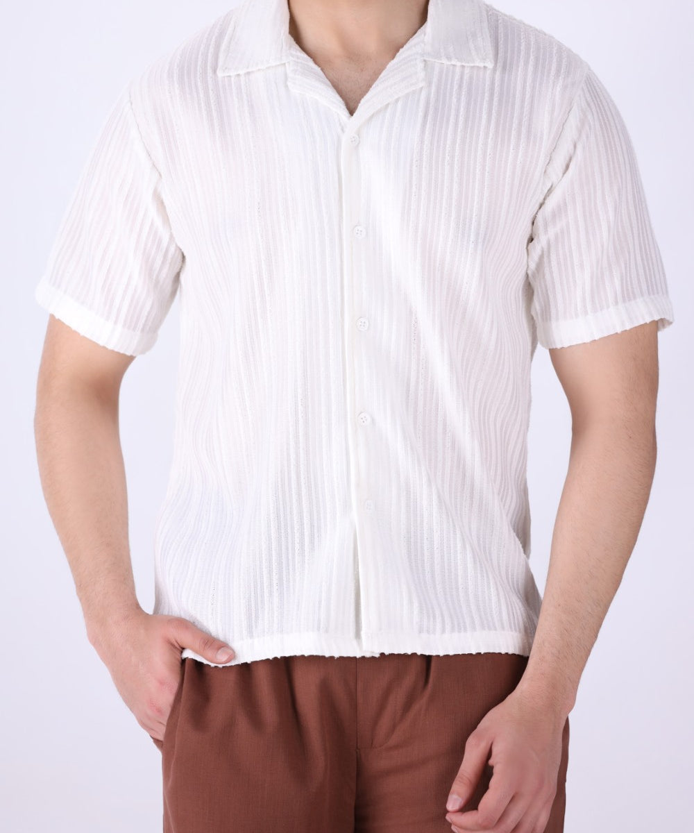 White Cuban collar shirt for men, front view
