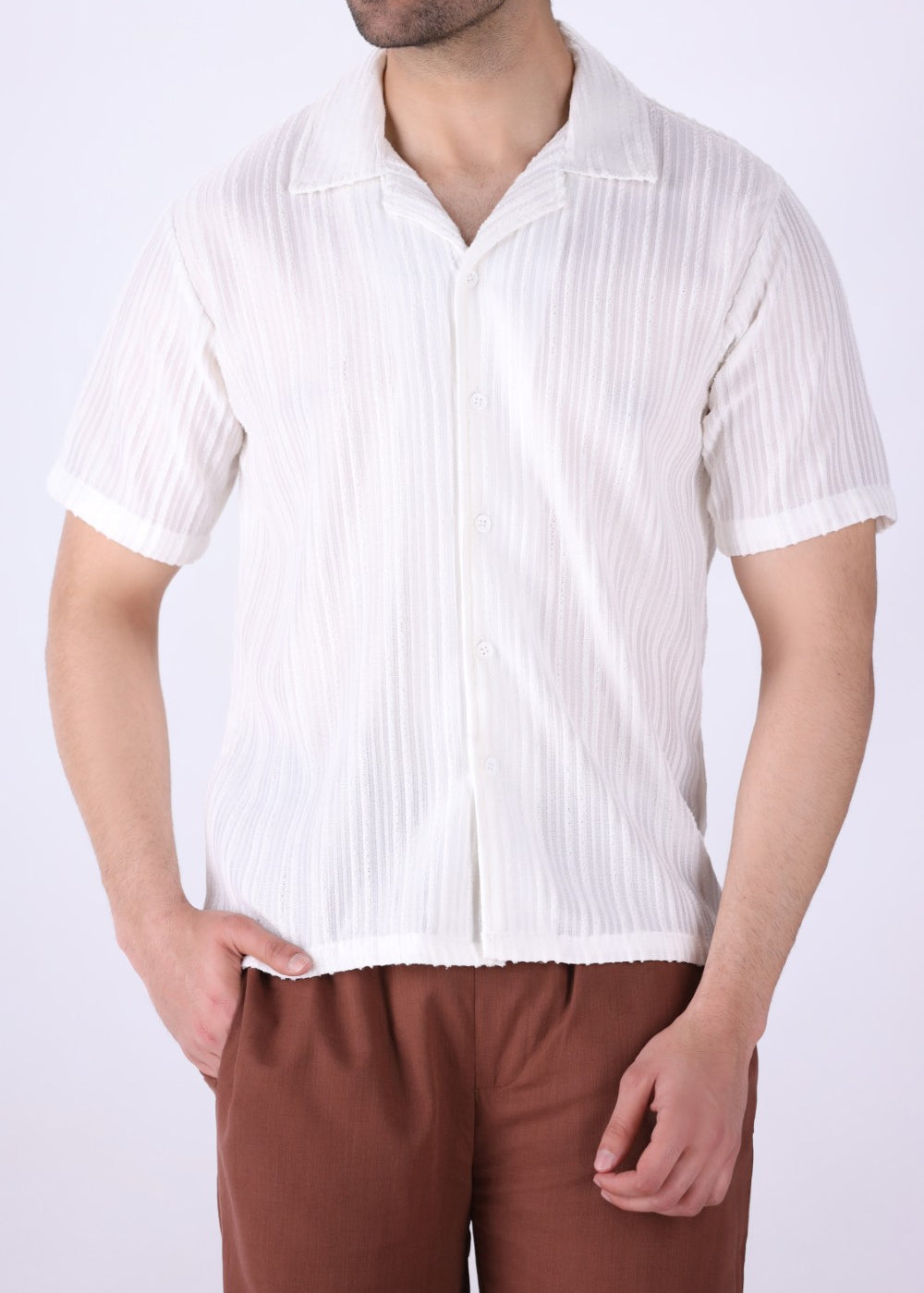 White Cuban collar shirt for men, front view
