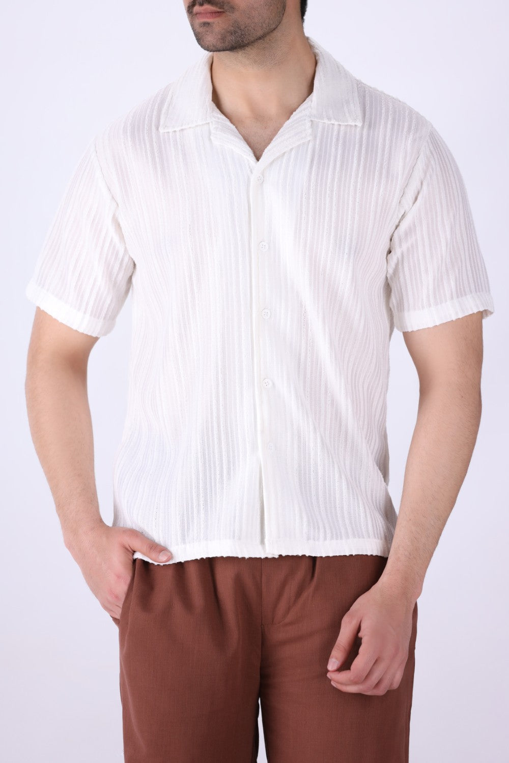 White Cuban collar shirt for men, front view
