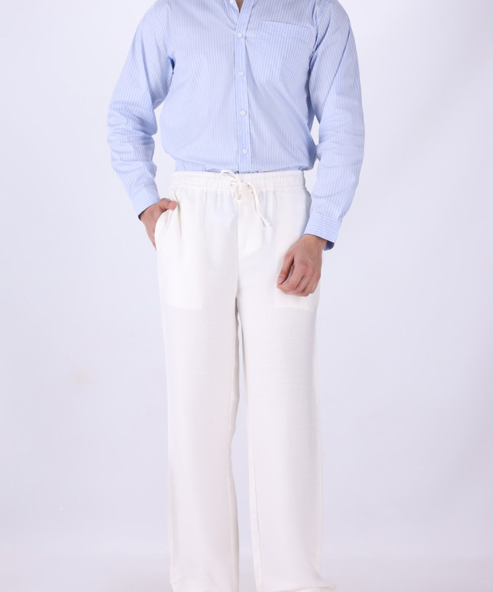 White relaxed drawstring trousers for men, front view
