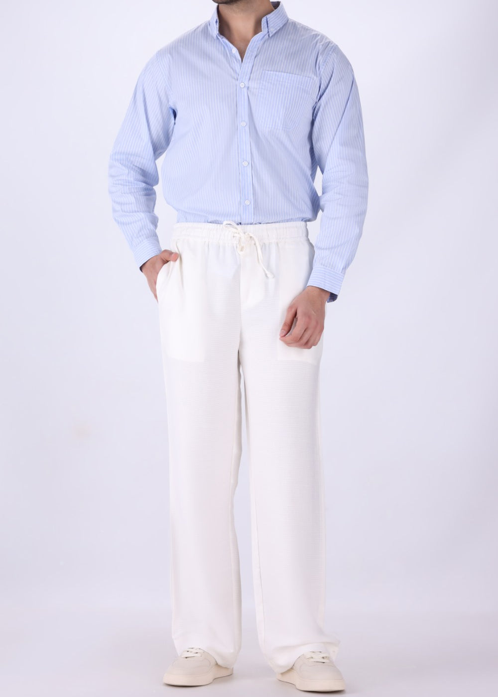 White relaxed drawstring trousers for men, front view
