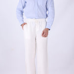 White relaxed drawstring trousers for men, front view
