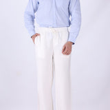 White relaxed drawstring trousers for men, front view
