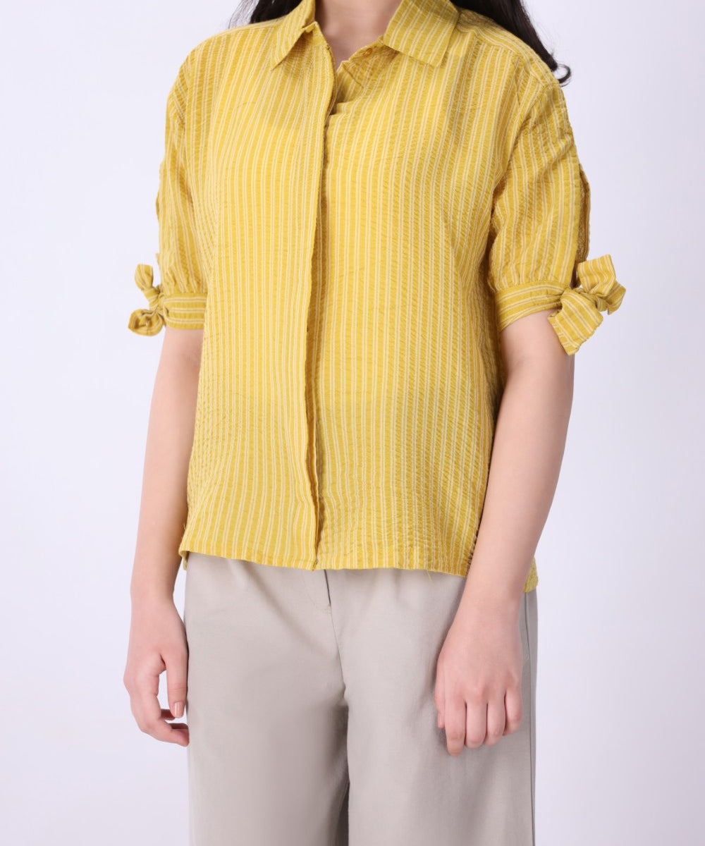 Yellow striped tie-sleeve shirt for women, front view
