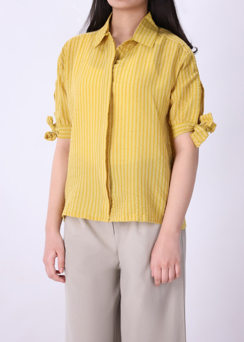 Yellow striped tie-sleeve shirt for women, front view
