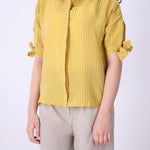 Yellow striped tie-sleeve shirt for women, front view
