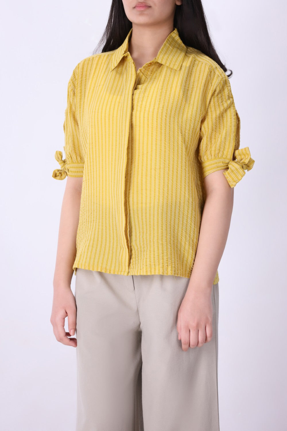 Yellow striped tie-sleeve shirt for women, front view
