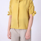 Yellow striped tie-sleeve shirt for women, front view
