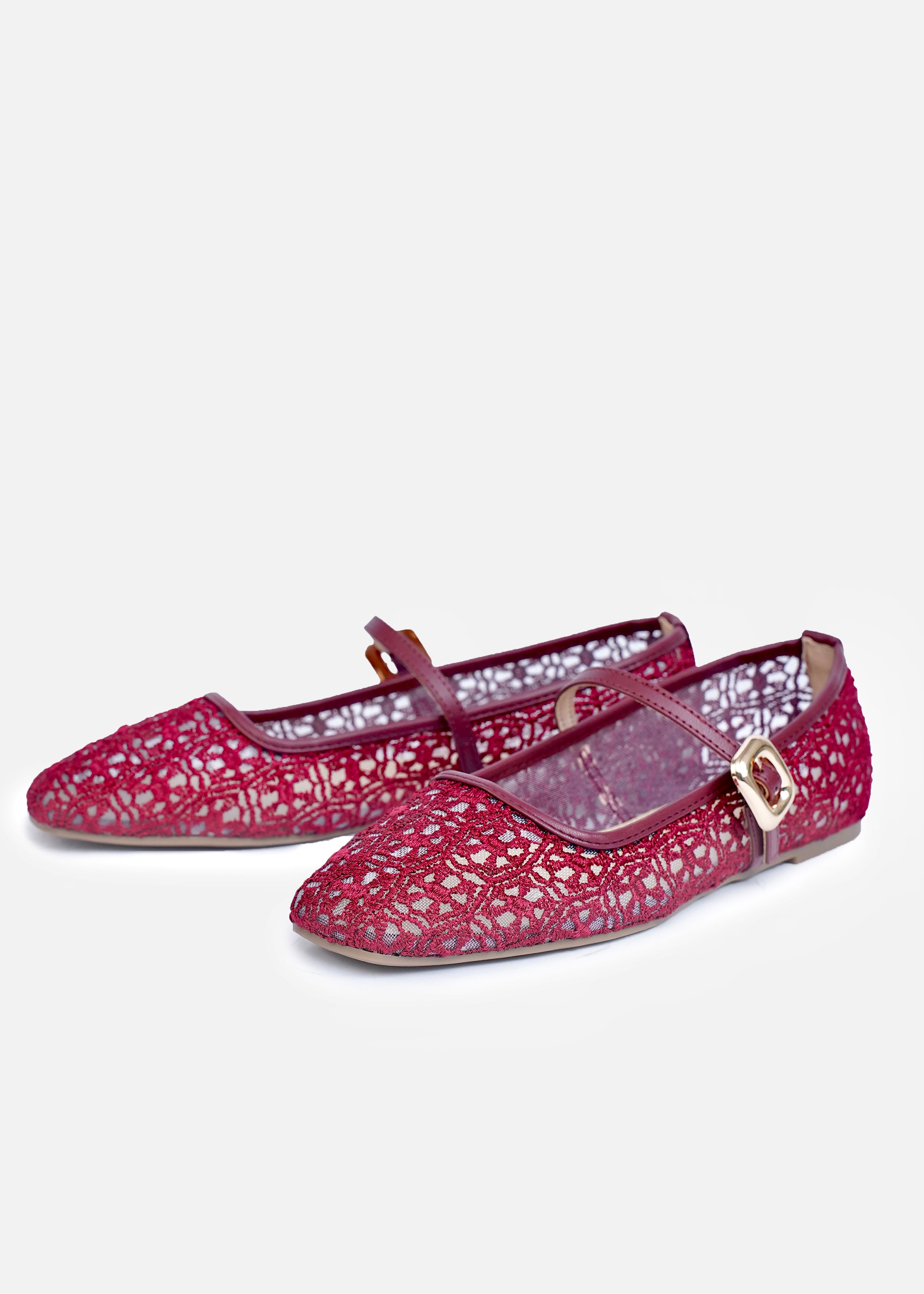Lace Mary Jane Flats in Maroon | Women'S Fashion Flats