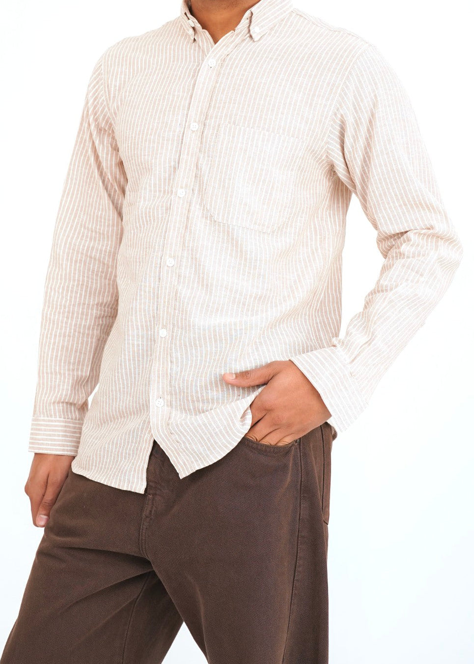 Vertical Striped Point Collar Casual Shirt Beige